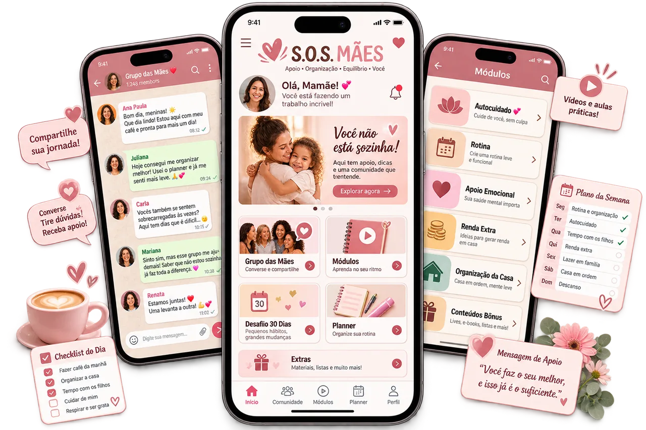 Mockup do app S.O.S. Mães mostrando as telas de comunidade, início e módulos